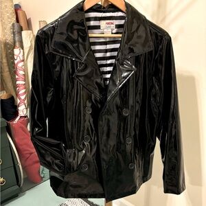 VINTAGE black patenet leather “ sporting club “ brand double breasted rain jkt